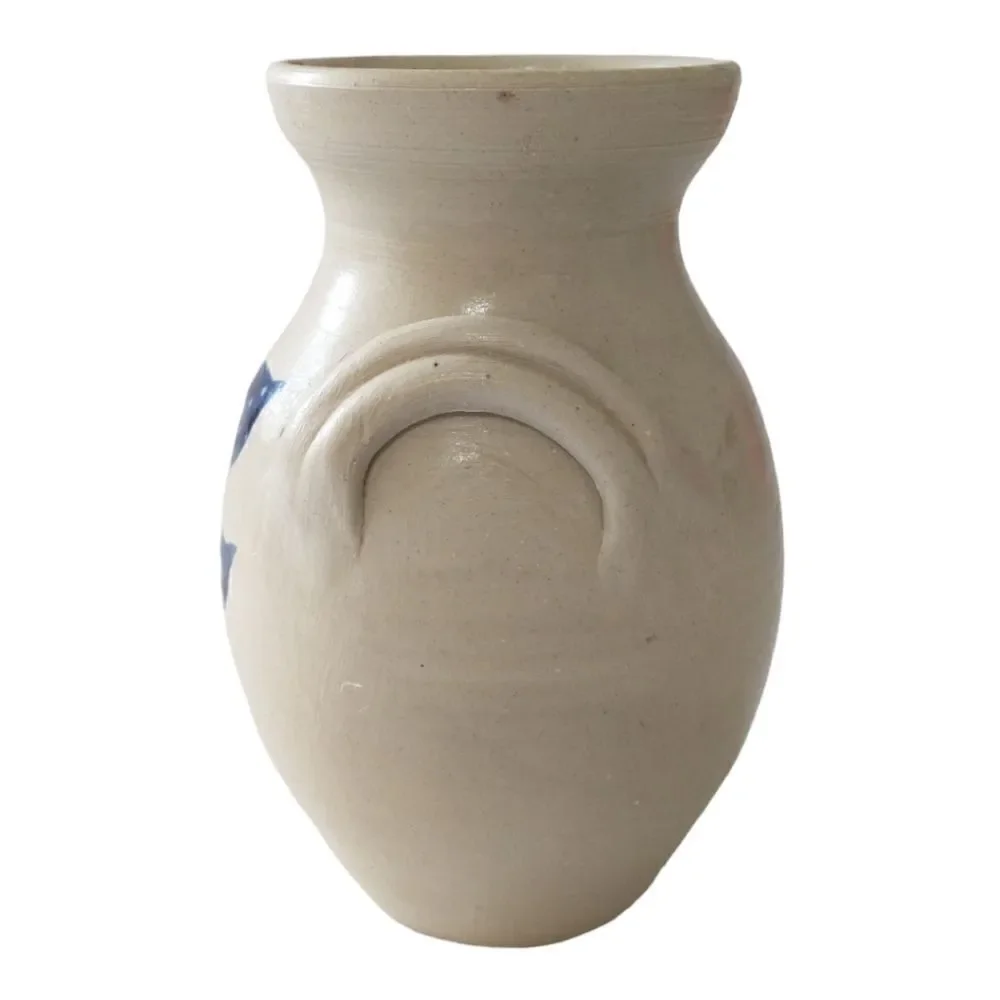 Williamsburg Pottery‎ Vase Two Handled  Blue Leaf Design Spring Summer Flowers.